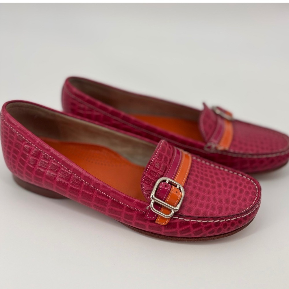 Cole Haan Pink Orange Croc Embossed Loafers Women 7.5 preppy dopamine maximalist